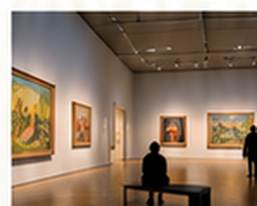 Illustrative museum gallery interior with visitors viewing paintings