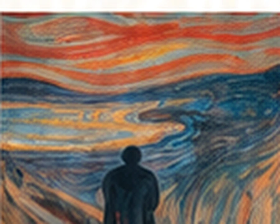 Original expressionist-style illustration of a solitary figure under a turbulent Nordic sky