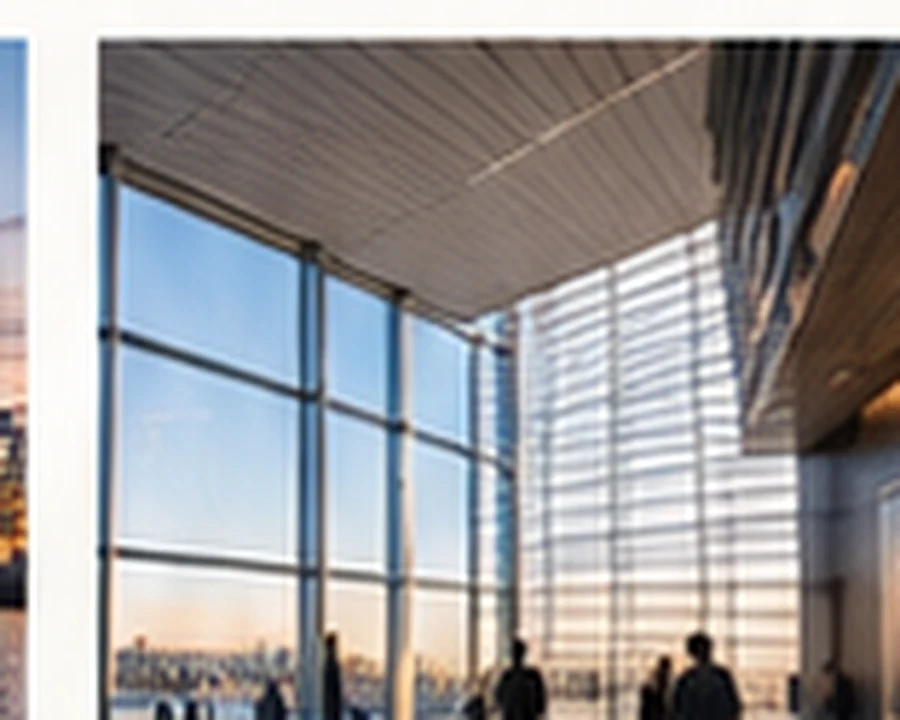 Illustrative interior of the museum with tall windows overlooking Oslo