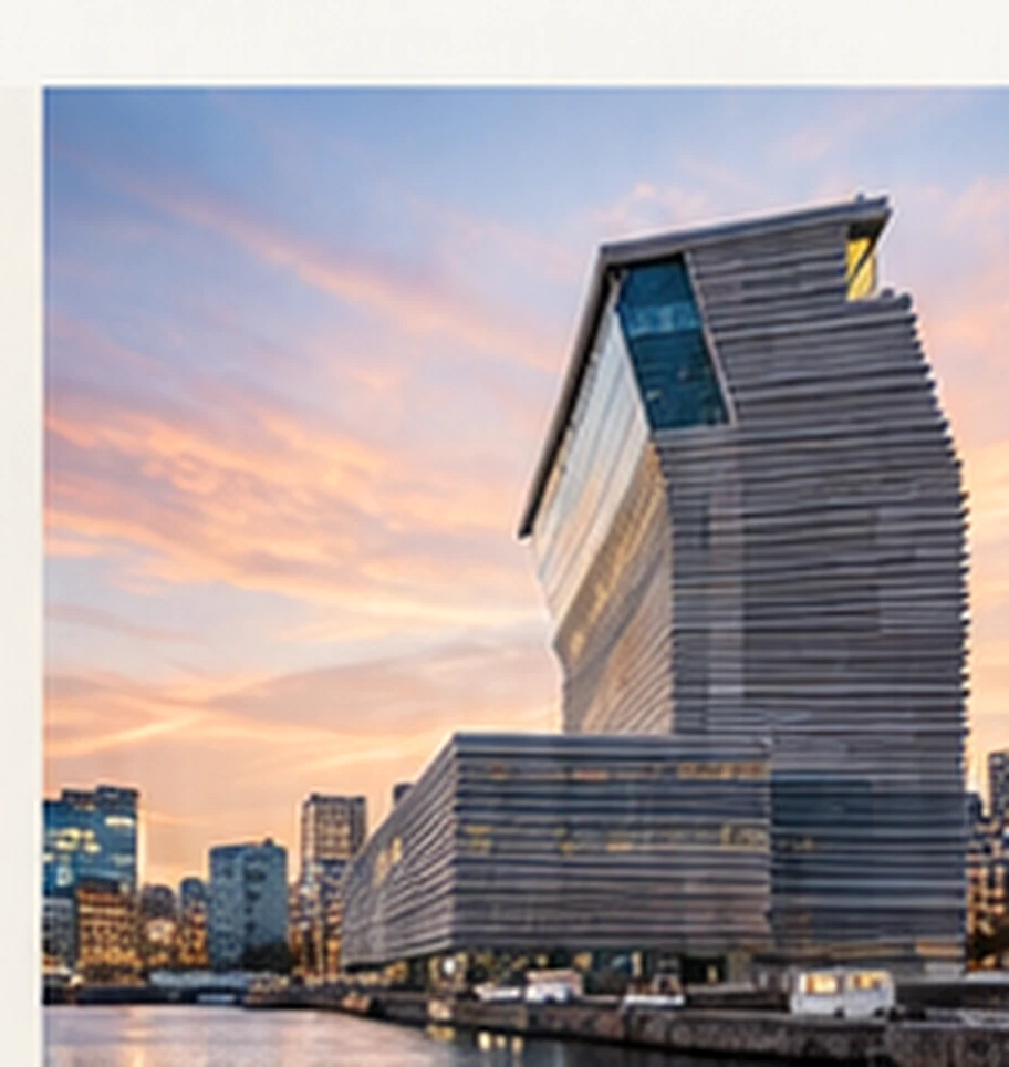 Illustrative view of the MUNCH museum building at dusk