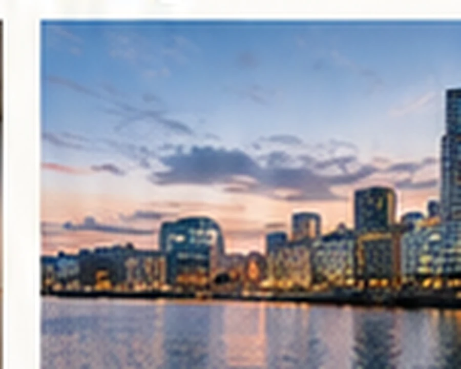 Illustrative view across Oslo's waterfront at sunset